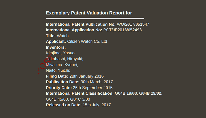 Patent Valuation Report - Watch-WO2017051547